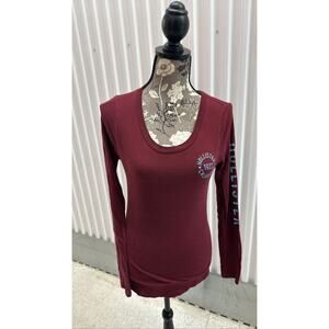 Hollister Women's Burgundy Long Sleeve T-Shirt 1922 California Logo m